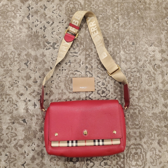 Burberry Medium Vintage Check Note Leather Logo Strap Crossbody Bag in Red - Picture 2 of 8